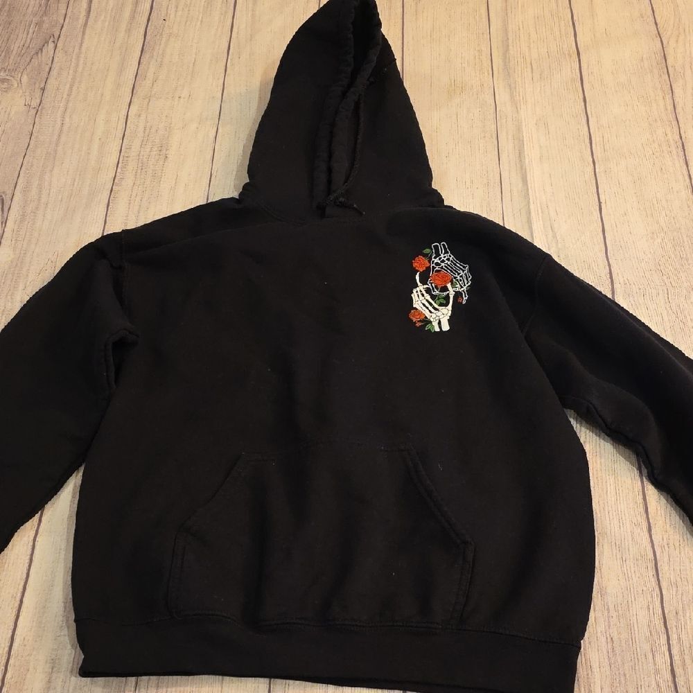 Black Hoodie with Skeleton and Rose Design